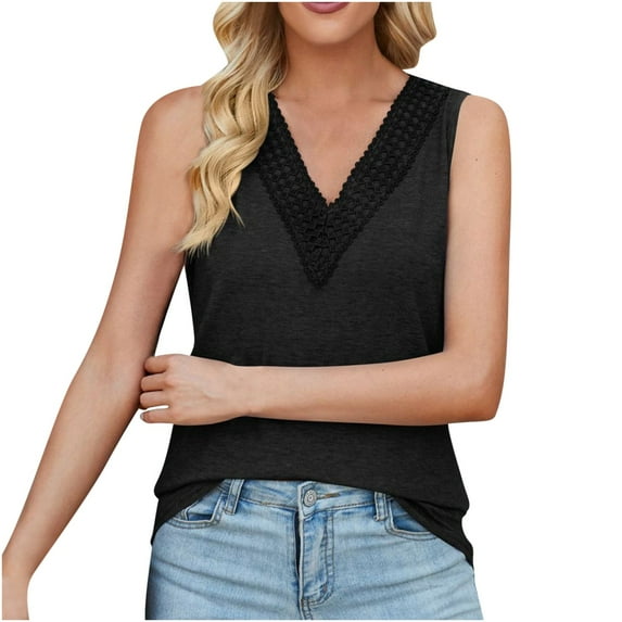 Besolor Summer Tank Tops for Women 2025 Fashion Lace Trim V Neck Solid Color Sleeveless Shirts Casual Tees Blouses