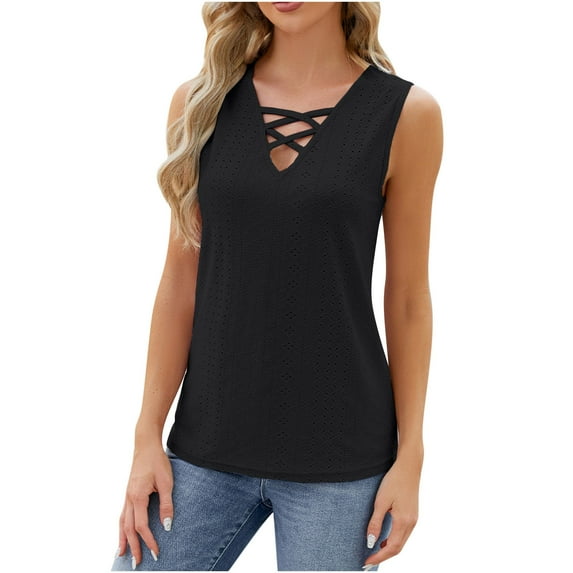 Besolor Summer Tank Tops for Women Cross V Neck Sleeveless Eyelet Shirts Casual Solid Color Going out Dressy Blouses