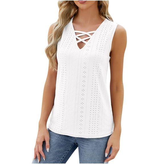 Besolor Summer Tank Tops for Women Cross V Neck Sleeveless Eyelet Shirts Casual Solid Color Going out Dressy Blouses