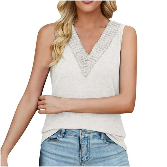 Besolor Summer Tank Tops for Women Fashion Lace Trim V Neck Solid Color Sleeveless Shirts Casual Tees Blouses