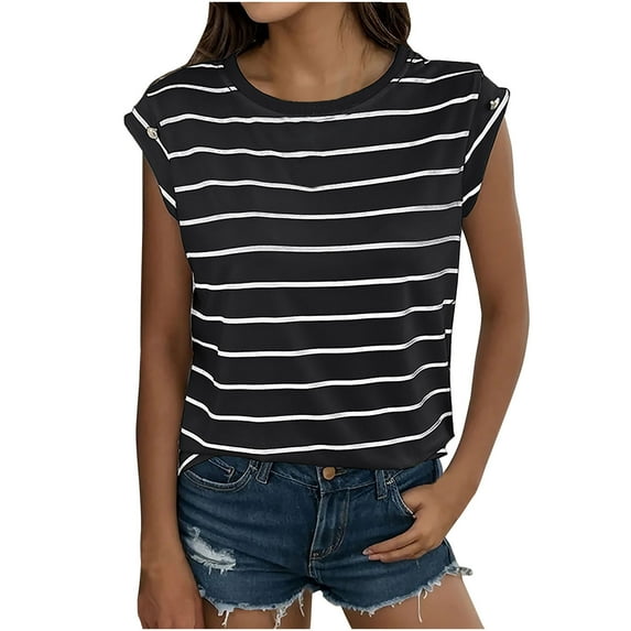 Besolor Summer Tank Tops for Women Striped Crew Neck Cap Sleeve Basic Tee Shirts Casual Loose Dressy Blouses Ladies Clothes