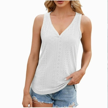 Besolor Summer Tank Tops for Women V Neck Sleeveless Eyelet Tee Shirts Casual Solid Color Going out Dressy Blouse