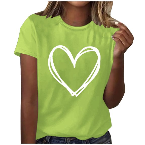 Besolor Summer Tops for Women Heart Printed Crewneck Short Sleeve T-Shirts Casual Loose Going out Blouse Tee