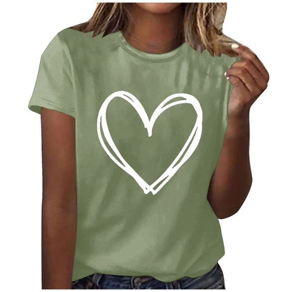 Besolor Summer Tops for Women Heart Printed Crewneck Short Sleeve T-Shirts Casual Loose Going out Blouse Tee