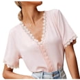 thumbnail image 1 of Besolor Summer Tops for Women Lace Trim V Neck Plain Blouses Short Sleeve Loose Lightweight T Shirts 2025 Fashion Clothes, 1 of 5