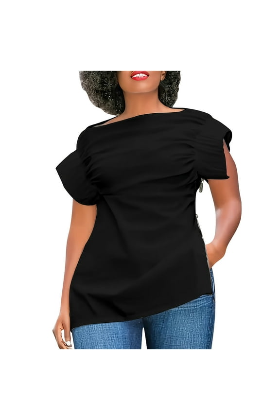 Summer Tops for Women Side Zipper Open up Short Sleeve Casual Loose Tshirt Crewneck Dressy Blouse