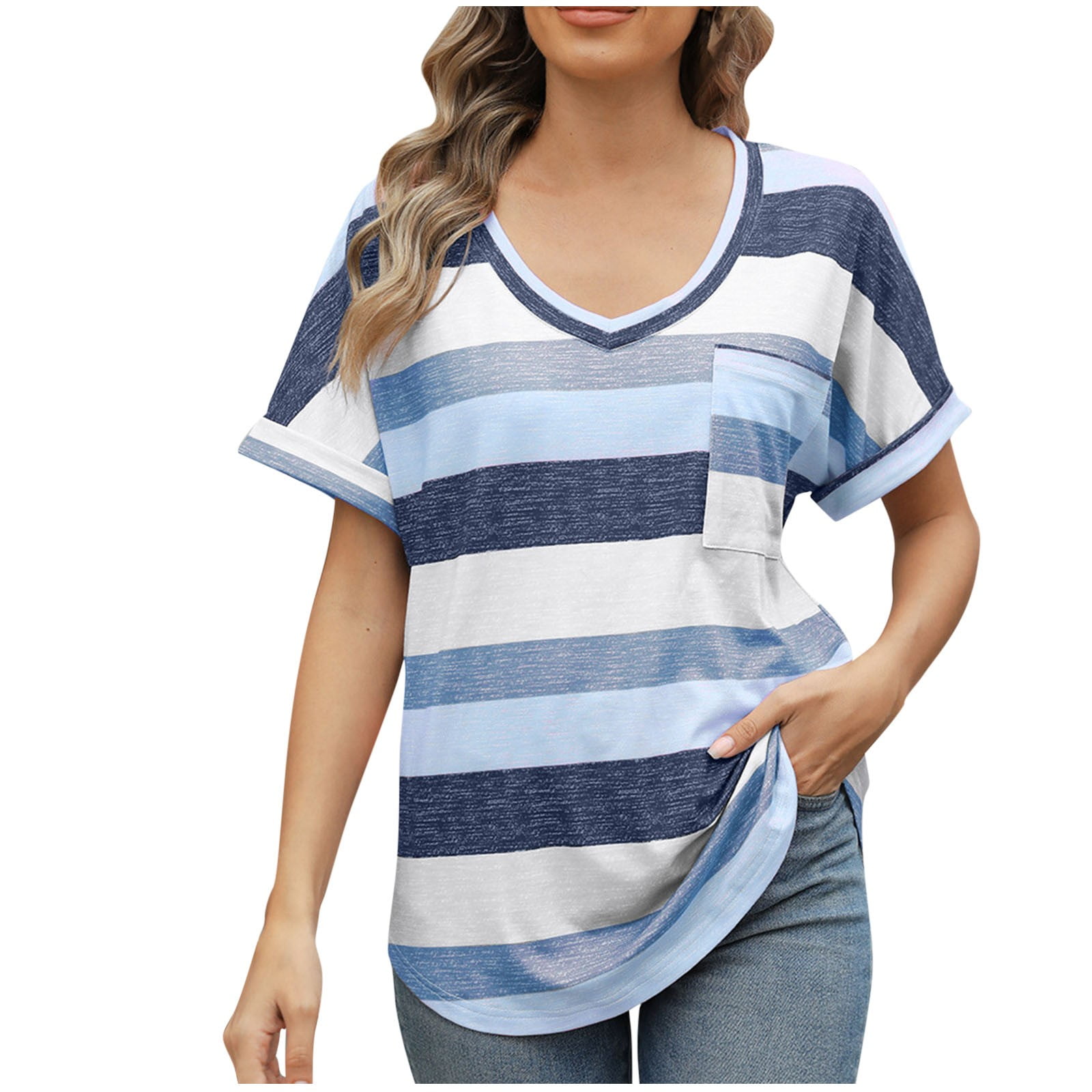 Besolor Summer Tops for Women Striped V Neck Short Sleeve Tee Shirts ...