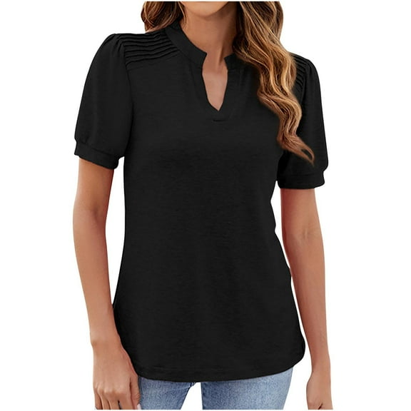 Besolor Summer Tops for Women Trendy Ruched V Neck Short Sleeve Shirts Casual Ladies Going out Dressy Blouse