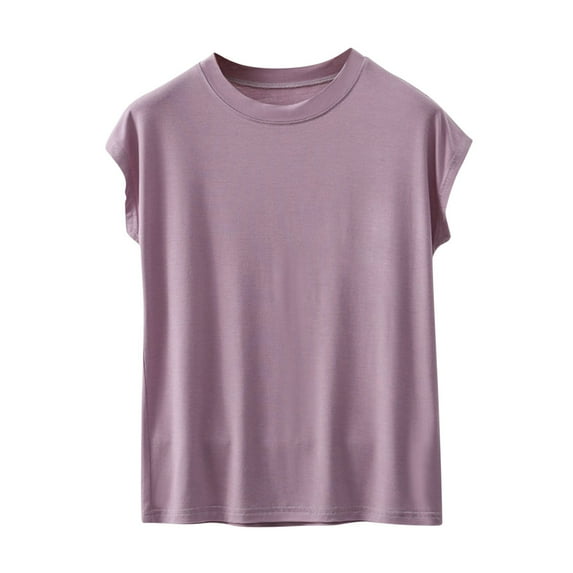 Besolor Summer Tops for Women Undershirt Round Neck Cap Sleeve Shirts Casual Comfy Solid Color Basic Tees