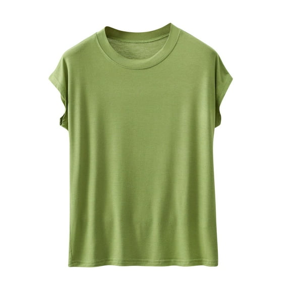 Besolor Summer Tops for Women Undershirt Round Neck Cap Sleeve Shirts Casual Comfy Solid Color Basic Tees