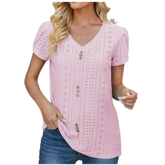 Besolor Summer Tops for Women V Neck Button Short Sleeve Eyelet T-Shirts Casual Solid Color Going out Tunic Blouses Ladies Clothes