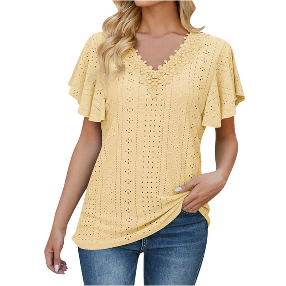 Besolor Summer Tops for Women V Neck Lace Short Sleeve Eyelet Tunic Shirts Casual Solid Color Going out Dressy Blouse
