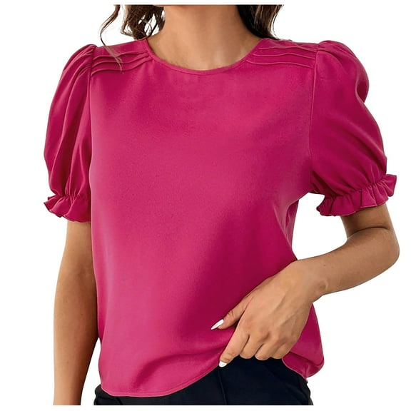 Besolor Summer Tunic Tops for Women Crew Neck Ruffle Short Sleevr Shirts Casual Solid Color Ladies Going out Tees
