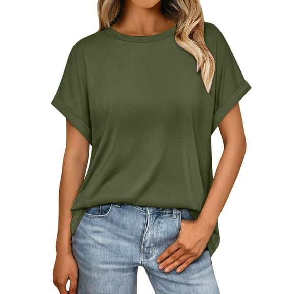 Besolor Summer Tunic Tops for Women Crewneck Short Sleeve T-Shirts Casual Solid Color Basic Blouse Tees