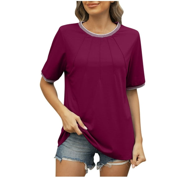 Besolor Summer Tunic Tops for Women Trendy Pleated Crewneck Short Sleeve Shirts Casual Ladies Dressy Blouse