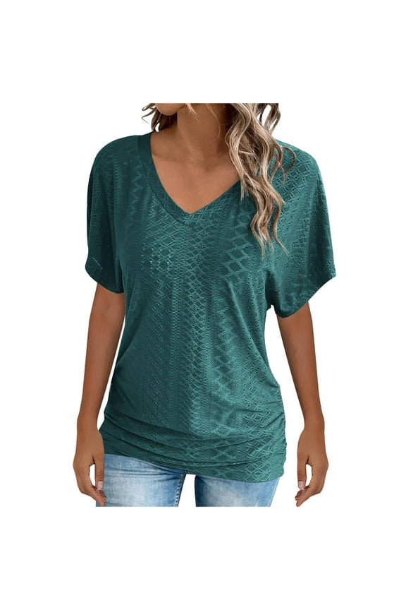 Summer Tunic Tops for Women V Neck Short Sleeve Eyelet Shirts Casual Going out Dressy Blouses