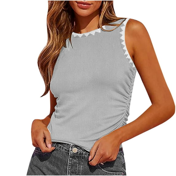 Besolor Summer Workout Tank Tops for Women Crewneck Knit Ribbed Side Ruched Crop Tops Sleeveless Trendy T Shirts