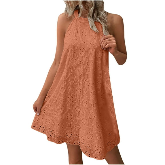 Besolor Sundress for Women Eyelet Embroidery Sleeveless Crewneck Summer Dresses A-Line Flowy Beach Mini Dress