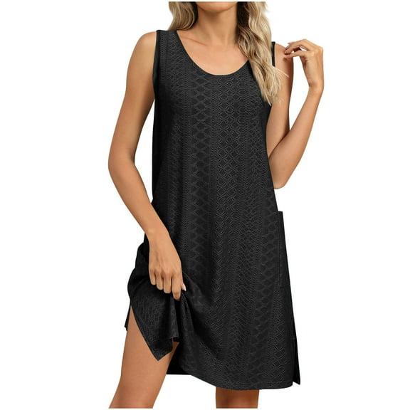 Besolor Sundresses for Women Casual Sleeveless Eyelet Tank Dress Split Crewneck Summer Beach Vacation Mini Dress