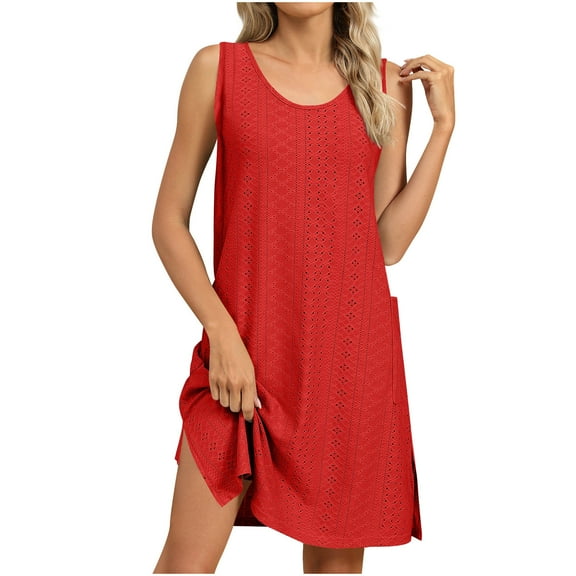 Besolor Sundresses for Women Casual Sleeveless Eyelet Tank Dress Split Crewneck Summer Beach Vacation Mini Dress