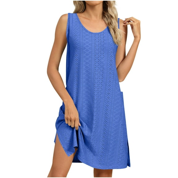 Besolor Sundresses for Women Casual Sleeveless Eyelet Tank Dress Split Crewneck Summer Beach Vacation Mini Dress