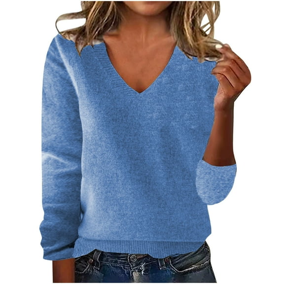 Besolor Sweaters for Women Fall V Neck Long Sleeve Casual Comfy Solid Color Basic Pullover Knitted Tops