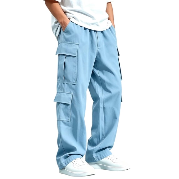 Besolor Teen Boys Clothes Cargo Pants Kids Straight Leg Elastic Waist Lightweight Casual Hiking Workout Trousers with Multi Pockets(14-15 Years,Blue)