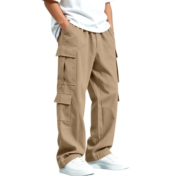 Besolor Teen Boys Clothes Cargo Pants Kids Straight Leg Elastic Waist Lightweight Casual Hiking Workout Trousers with Multi Pockets(5-6 Years,Khaki)