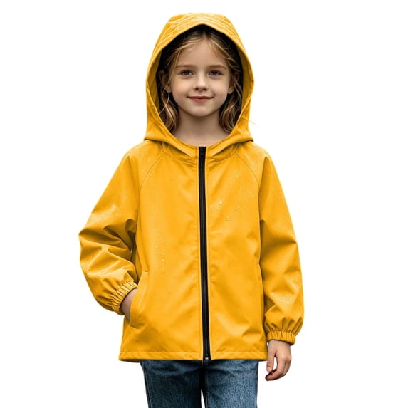 Besolor Teen Girls Boys Rain Jacket Long Sleeve Zipper Hooded Waterproof Windproof Lightweight Outdoor Hiking Jackets with Pocket(15-16 Years,Yellow)