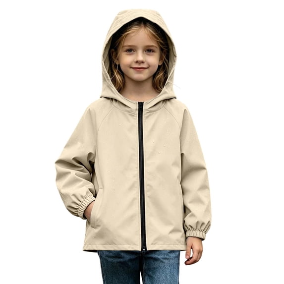 Besolor Teen Girls Boys Rain Jacket Long Sleeve Zipper Hooded Waterproof Windproof Lightweight Outdoor Hiking Jackets with Pocket(9-10 Years,Beige)