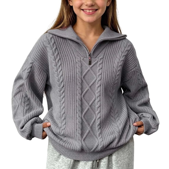 Besolor Teen Girls Sweaters Kids Turn-Down Collar Long Sleeve Tops Fall Winter Knitted Casual Warm Quarter Zipper Pullover Tops(14-15 Years,Gray)