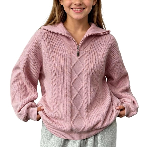 Besolor Teen Girls Sweaters Kids Turn-Down Collar Long Sleeve Tops Fall Winter Knitted Casual Warm Quarter Zipper Pullover Tops(14-15 Years,Pink)