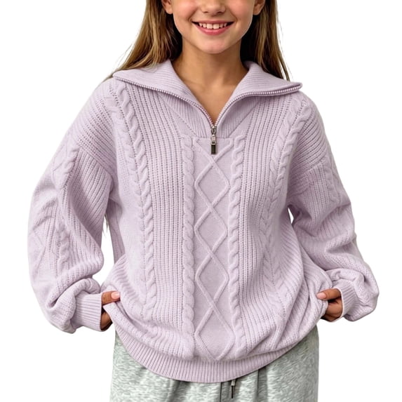 Besolor Teen Girls Sweaters Kids Turn-Down Collar Long Sleeve Tops Fall Winter Knitted Casual Warm Quarter Zipper Pullover Tops(14-15 Years,Purple)