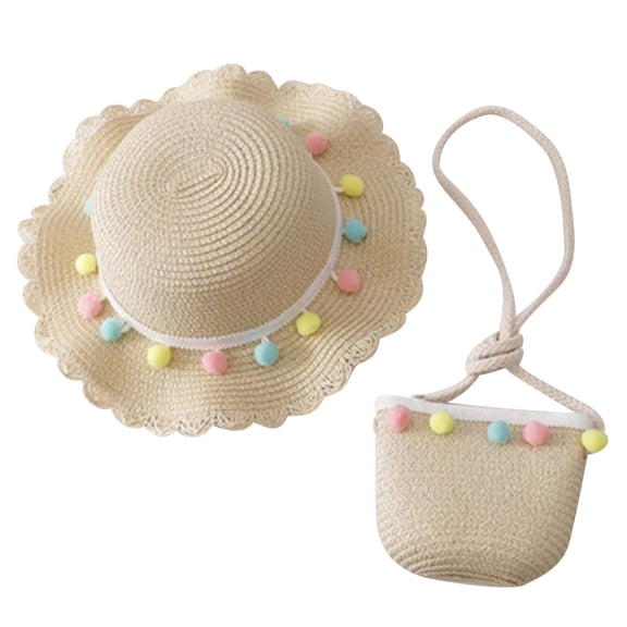Besolor Toddler Baby Girls Straw Hat Kids Wide Brim Sun Hat Cute Pompom Sun Protection Beach Hat with Bag Set