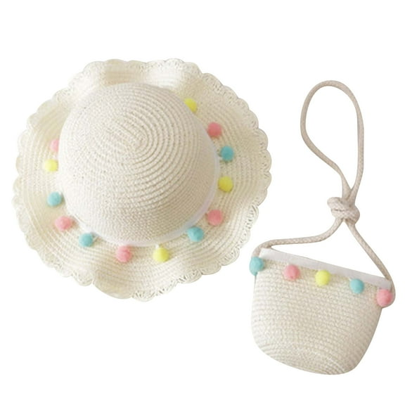 Besolor Toddler Baby Girls Straw Hat Kids Wide Brim Sun Hat Cute Pompom Sun Protection Beach Hat with Bag Set