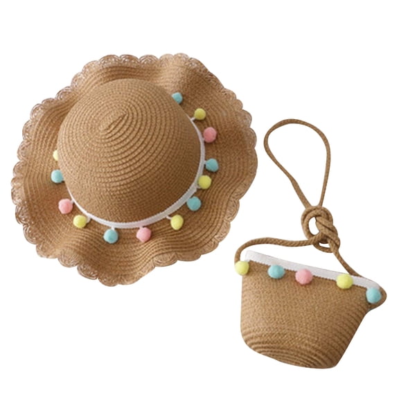 Besolor Toddler Baby Girls Straw Hat Kids Wide Brim Sun Hat Cute Pompom Sun Protection Beach Hat with Bag Set