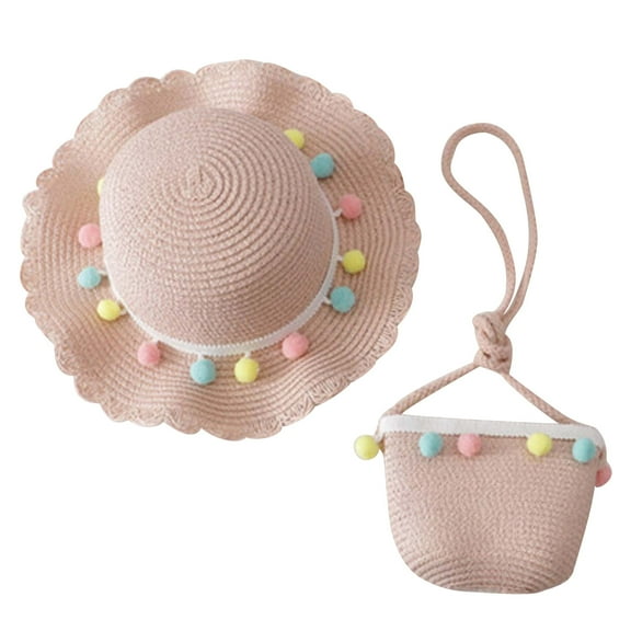 Besolor Toddler Baby Girls Straw Hat Kids Wide Brim Sun Hat Cute Pompom Sun Protection Beach Hat with Bag Set