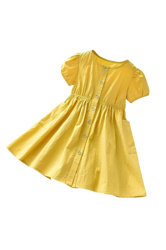 Toddler Baby Girls Summer Dresses Kids Crewneck Button down Short Sleeve Casual A-Line Sundress with Pockets