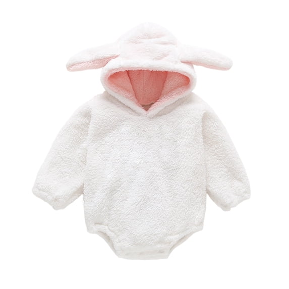 Besolor Toddler Boys Girls Clothes Fuzzy Rompers Cute Long Sleeves Ears Hooded Winter Fleece Keep Warm Jumpsuit Romper(18-24 Month,White)