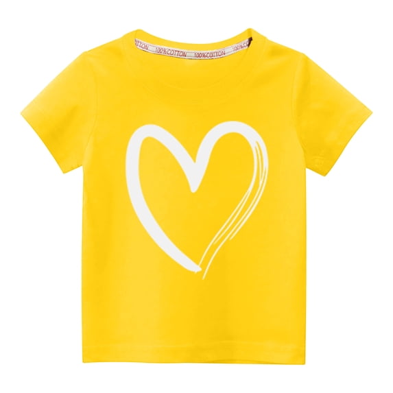 Besolor Toddler Boys Girls Valentine's Day T-Shirts Kids Casual Round Neck Heart Printed Short Sleeve Tops Graphic Tees(9-10 Years,Yellow2)