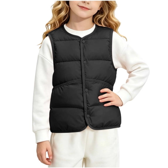 Besolor Toddler Clothes Kids Girls Puffer Vests Sleeveless Buttons Tops Fall Winter Fleece Lined Warm Jackets Waistcoat(7-8 Years,Black)