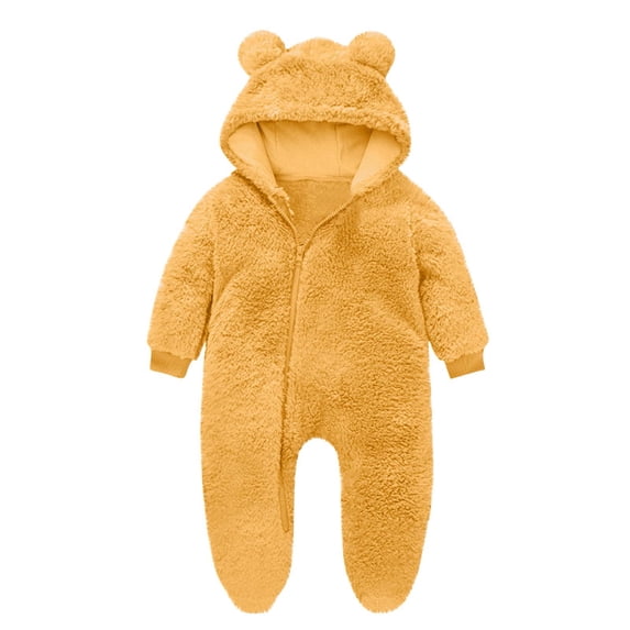 Besolor Toddler Girls Boys Crawling Clothes Footed Jumpsuit Fuzzy Fleece Thermal Warm Comfy Homewear Zipper Rompers Hooded(9-12 Months,Yellow)