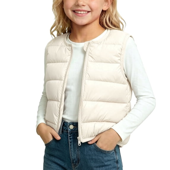 Besolor Toddler Girls Puffer Vests Crewneck Sleeveless Zipper Jacket Lightweight Fleece Lined Warm Kids Waistcoat(1-2 Years,White)