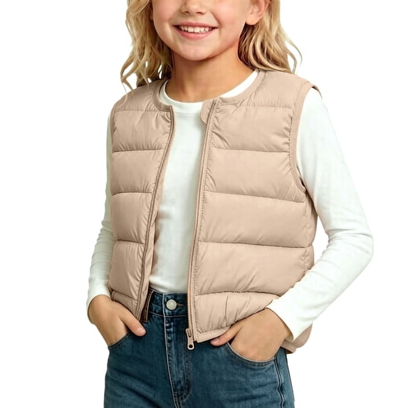Besolor Toddler Girls Puffer Vests Crewneck Sleeveless Zipper Jacket Lightweight Fleece Lined Warm Kids Waistcoat(5-6 Years,Khaki)