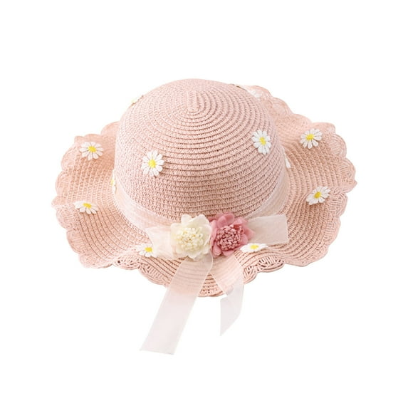 Besolor Toddler Girls Straw Hat with Flower Cute Summer Foldable Wide Brim Bowknot Beach Sun Hat for Kids 2-8 Years