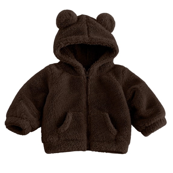 Besolor Toddler Girls Winter Fuzzy Sherpa Hoodies Fleece Thermal Warm Long Sleeve Sweatshirts Zip up Jackets with Pockets(1-2 Years,Brown)