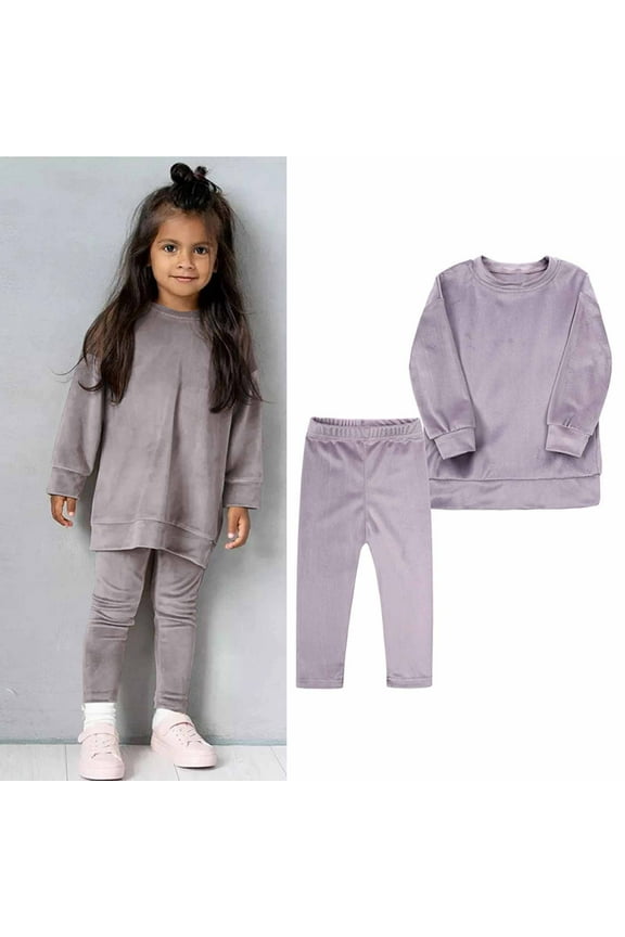 Toddler Kids Girls Tracksuits 2 Piece Velour Outfits Solid Color Crewneck Long Sleeve Sweatshirts and Pants Sets