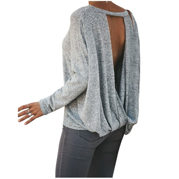 Besolor Trendy Tops for Women Backless Crew Neck Long Sleeve Shirts Casual Loose Solid Color Going out Blouse