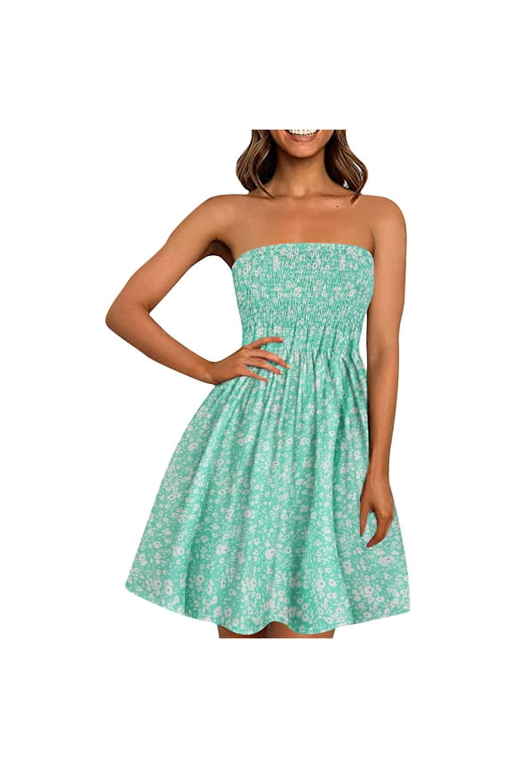 Tube Top Dress for Women Casual Summer Strapless Floral Printed Smocked Flowy Boho Beach Midi Sundress
