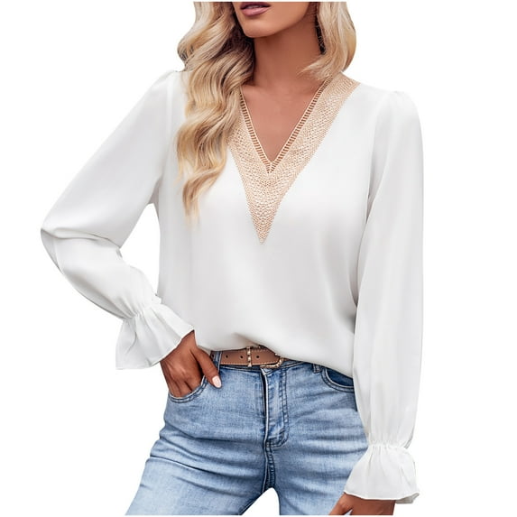 Besolor Tunic Tops for Women V Neck Lace Trim Ruffle Long Sleeve Fall Spring Shirt Casual Loose Ladies Blouse Tee
